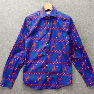 Reindeer Button Up Shirt Mens SMALL Blue Christmas Holiday NORTH POLE TRADING Co